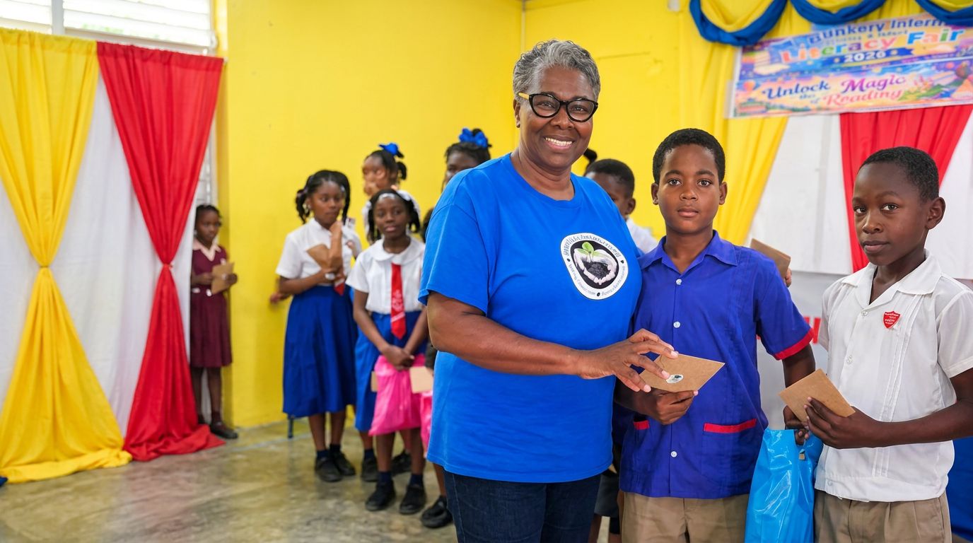 A volunteer in a blue Impact Life t-shirt hands gift envelopes to two schoolboys in uniform inside a school hall decorated for the 2026 Literacy Fair